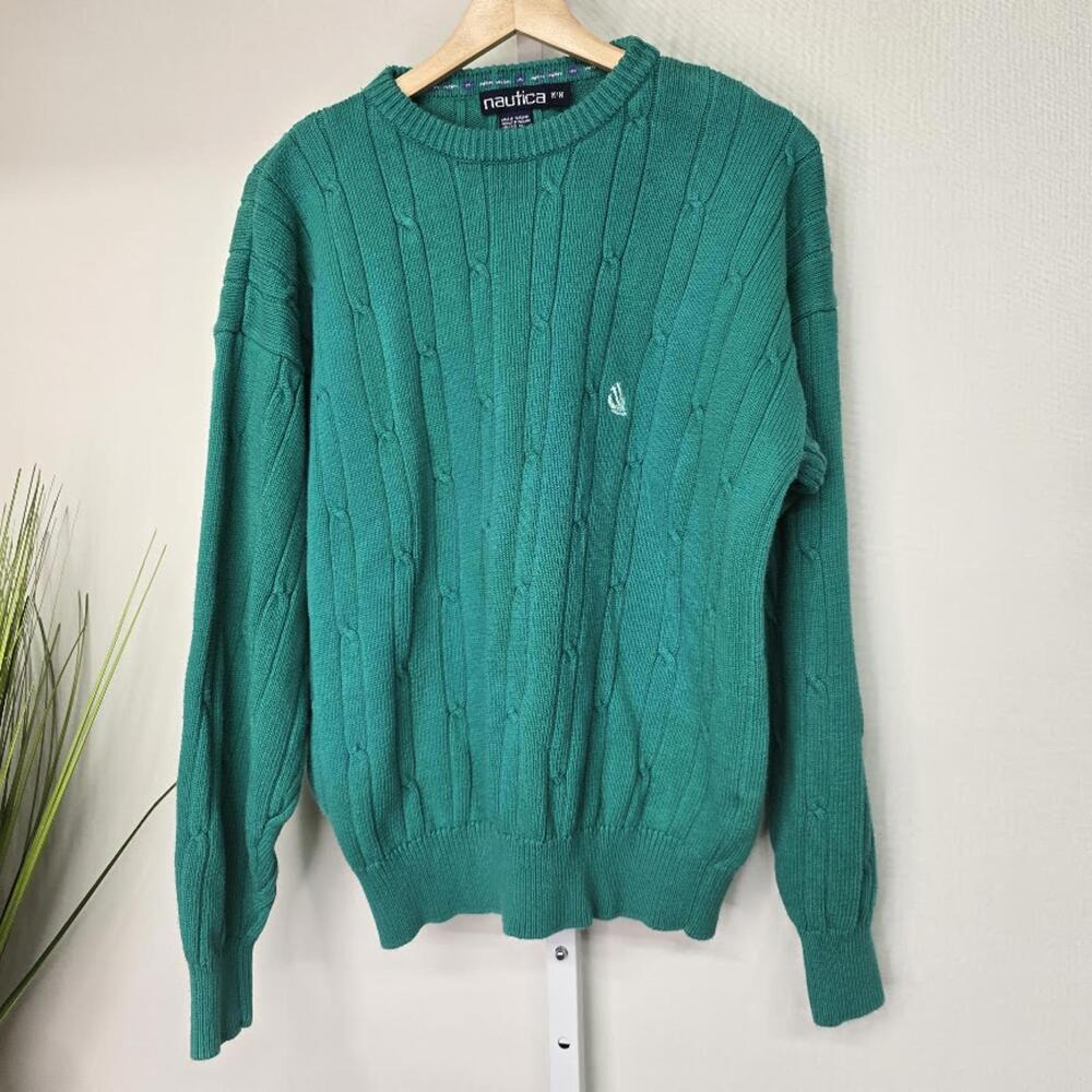 Nautica Mens Green Cable Knit Cotton Crewneck Sweater Size Medium Vintage Logo